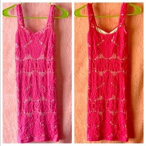 Hot pink crochet body con dress.